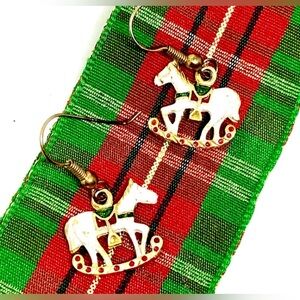Vintage Christmas Enamel Rocking Horse Toy Gold Tone Dangle Earrings Holiday